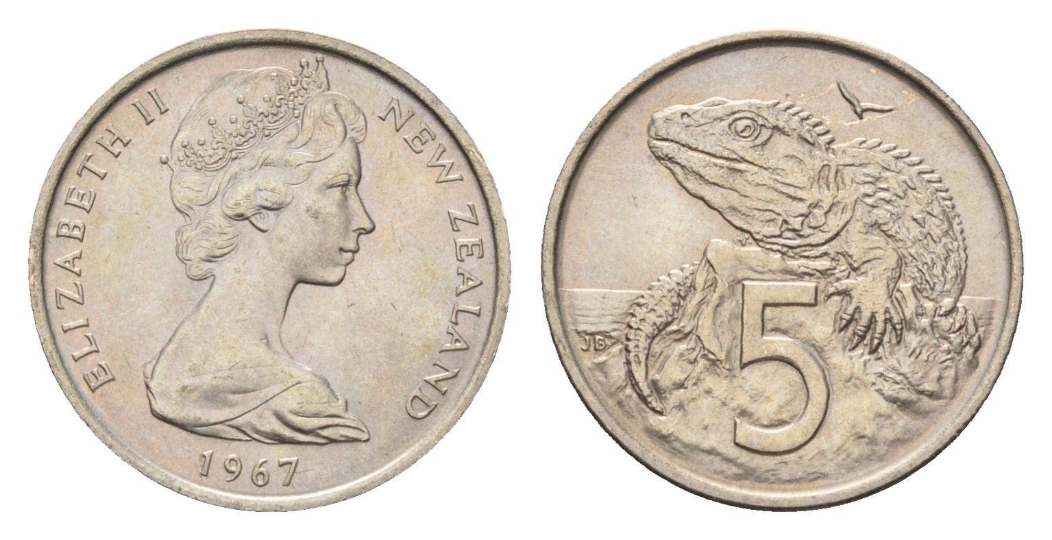 Новая Зеландия 5 центов 1967 Елизавета II (1952-2022), ящерица гаттерия KM 34 медно-никель UNC 4669-619