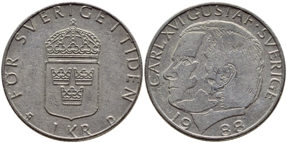Швеция 1 крона 1988 Карл XVI Густав (1973- ) KM 852a медно-никель 4397-1232