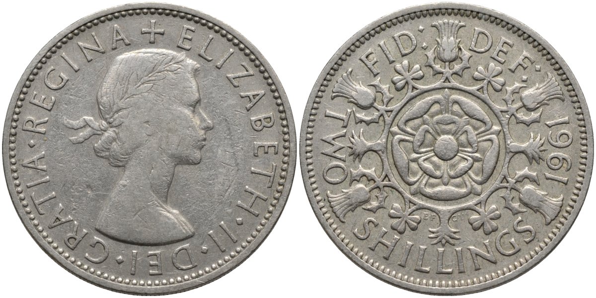 Великобритания 2 шиллинга (флорин) 1961 Елизавета II (1952-2022) KM 906, Spink 4146 медно-никель 82-932