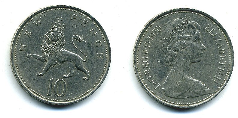 Великобритания 10 пенсов 1970 Елизавета II (1952-2022) KM 912, Spink 4231 (F1) медно-никель  4110-1241