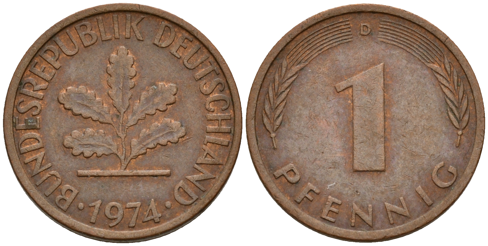 ФРГ 1 пфенниг 1974 D KM 105, J. 380 сталь плакированная медью    4598-542