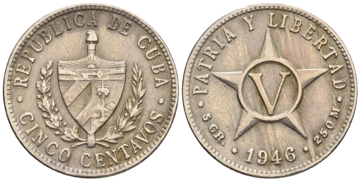 Куба 5 сентаво 1946 KM 11.3, Y 5b, Schoen 5 медно-никель 4116-335