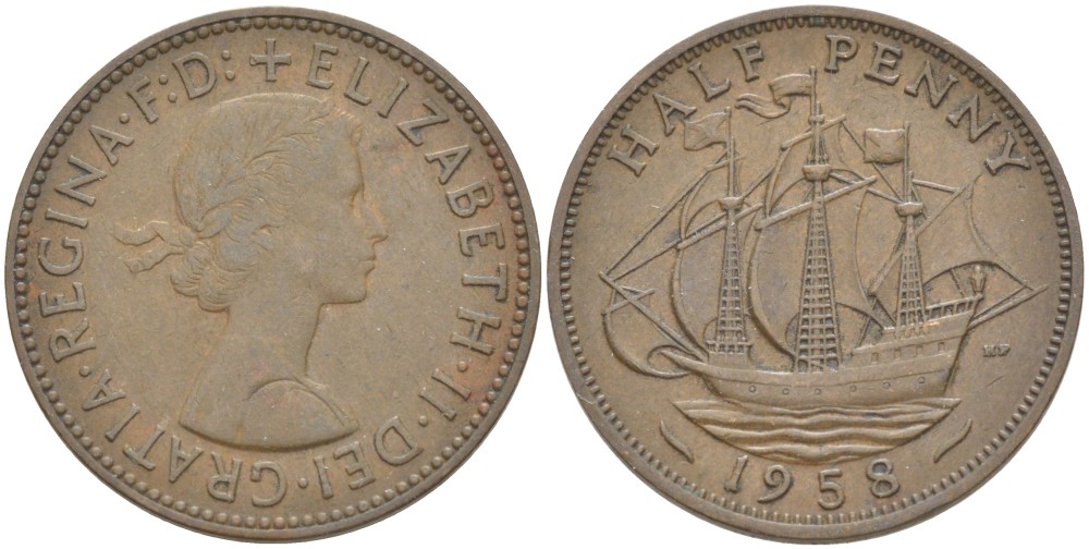 Великобритания 1/2 пенни 1958 Елизавета II (1952-2022) KM 896, Spink 4158 бронза 4544-115