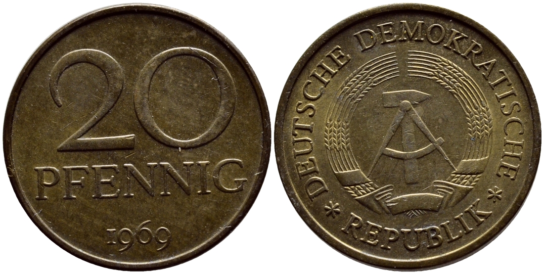 ГДР 20 пфеннигов 1969 А, первый год KM 11 латунь UNC 4398-1127