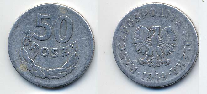 Польша 50 грошей 1949 KM 44а, Parchimowicz 209b алюминий 35-536
