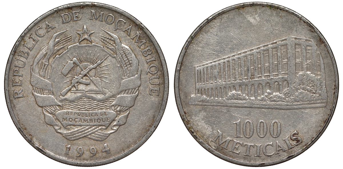 Мозамбик 1000 метикалей 1994 KM 122 никелированная сталь 4162-715