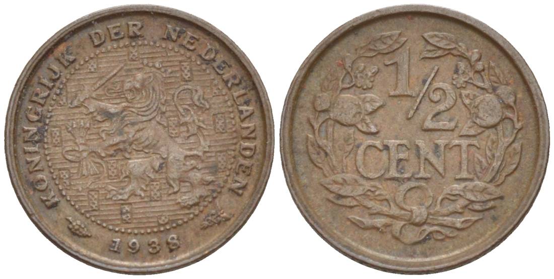НИДЕРЛАНДЫ 1/2 ЦЕНТА 1938 ВИЛЬГЕЛЬМИНА I (1891-1948) KM 138 бронза 4547-1252