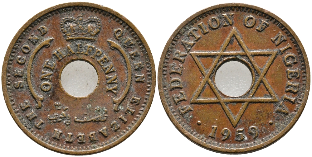 Нигерия 1/2 пенни 1959 Елизавета II (1952-), Британский протекторат KM 1 бронза 4387-321