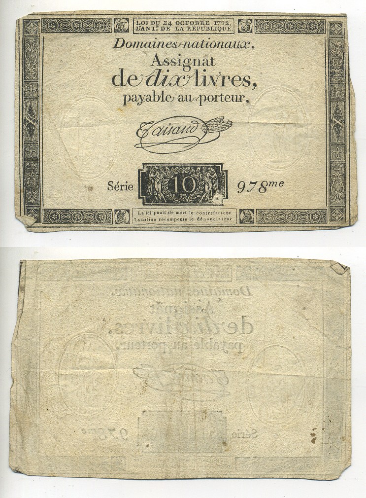 ФРАНЦИЯ 10 ЛИВРОВ 1792 24 ОКТЯБРЯ 1792, СЕРИЯ 978, ТРЕТИЙ ВЫПУСК Pick А66b бумага 7552-24-3