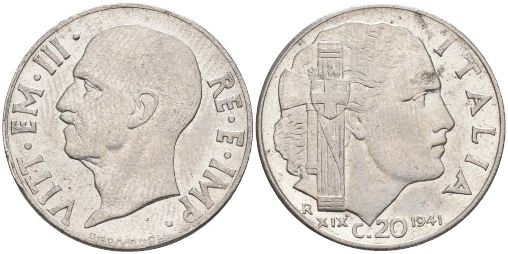 ИТАЛИЯ 20 ЧЕНТЕЗИМО 1941 R, ГОД XIX, ВИКТОР ЭММАНУИЛ III (1900-1946) KM 75b, VEM3. 1028 нержавеющая сталь 3853-954