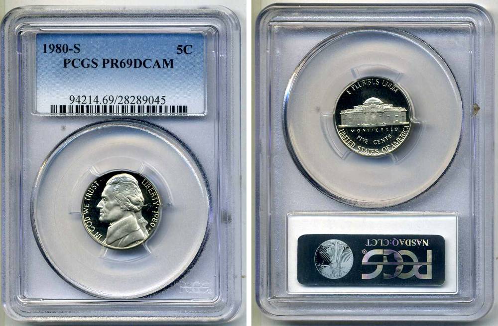 США 5 центов 1980 S, президент Джеферсон, в слабе PCGS PR69CAM KM А192 медно-никель PROOF 15-003-02