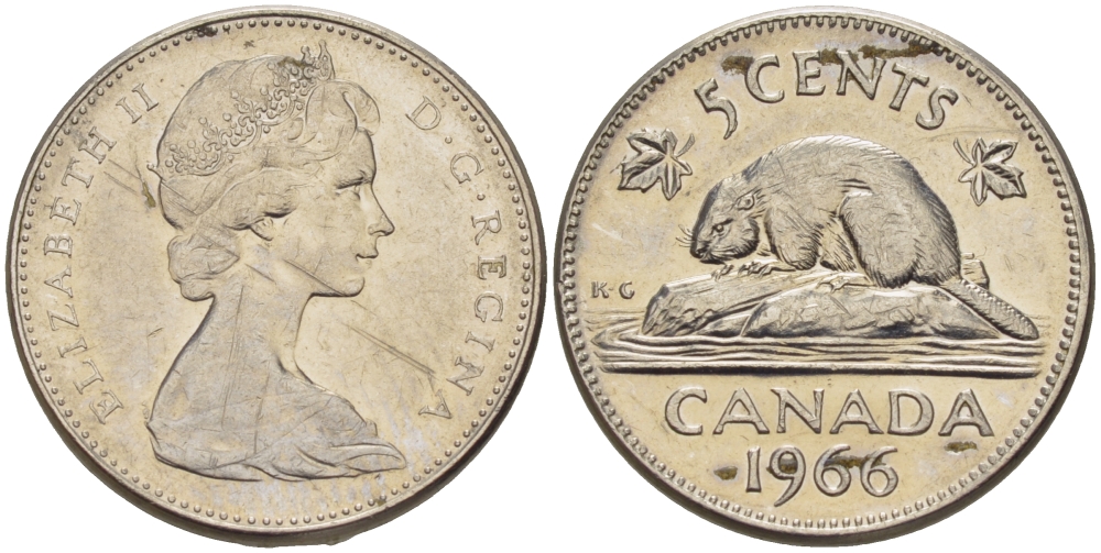 Канада 5 центов 1966 Елизавета II (1952-2022), бобер KM 60.1 никель 67-525