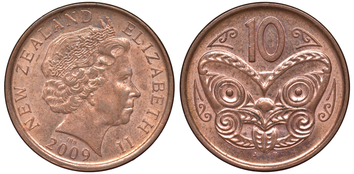 Новая Зеландия 10 центов 2009 маска Маори, Елизавета II (1952-) KM 117а сталь плакированная медью 4178-756