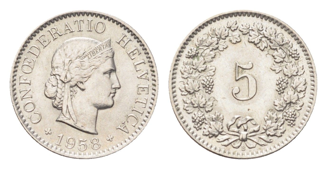 Швейцария 5 раппенов 1958 B KM 26 медно-никель 4705-1251