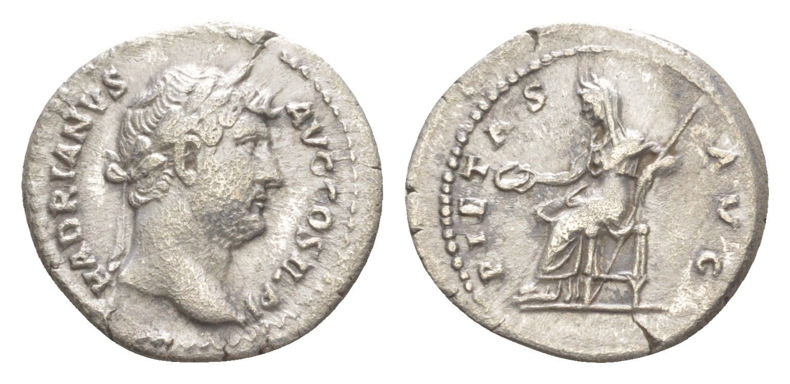 Римская Империя денарий 130 Адриан, HADRIANVS AVG COS III P P, голова императора/PIETAS AVG, Пиетата, персонификация Благочестия, Рим RIC 1412 серебро 1073-1-83