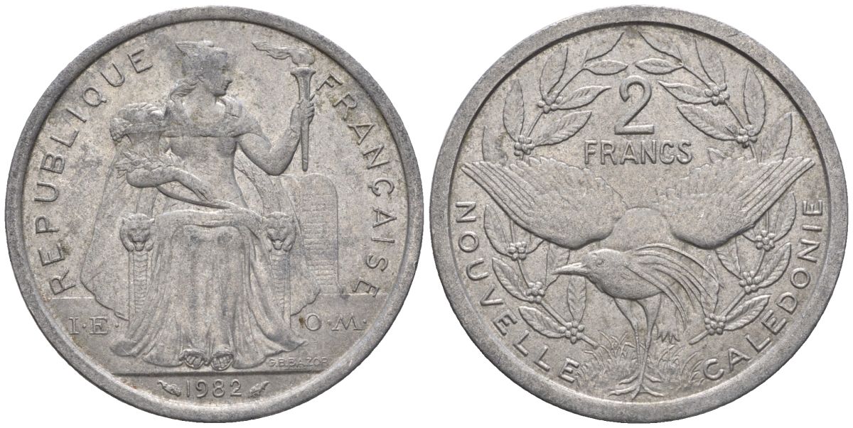 Французская Новая Каледония 2 франка 1982 птица кагу, (IEOM) KM 14, Schoen 11, Lec 62 алюминий    27-457