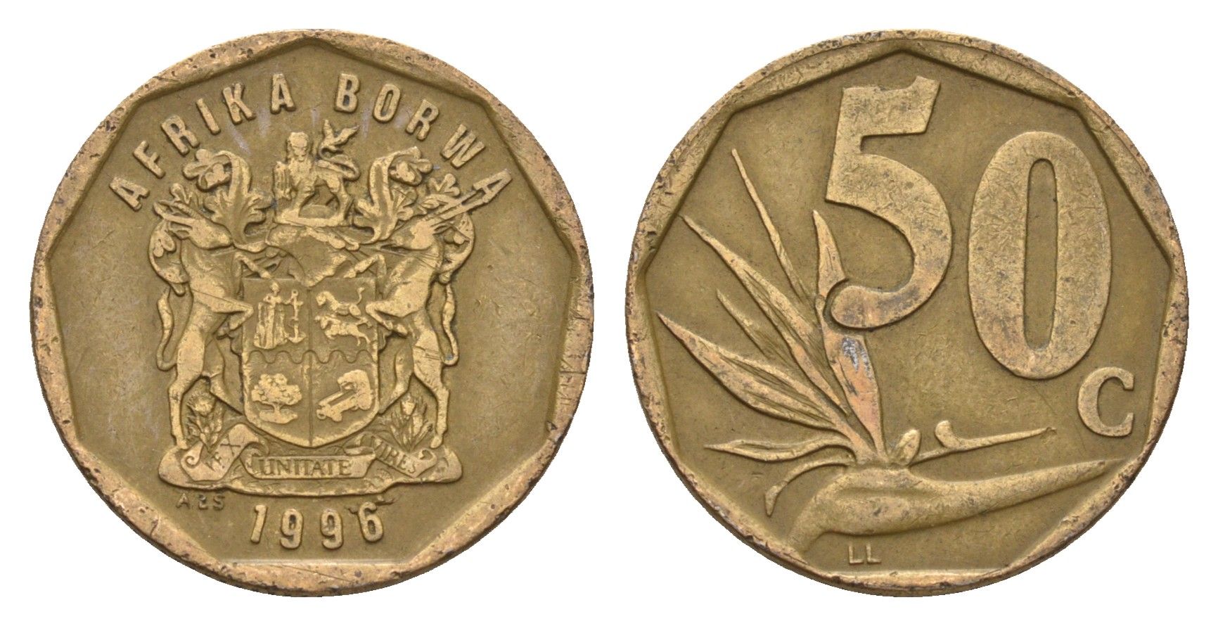 ЮАР 50 центов 1996 Зантедеския Эллиота (калла), герб KM 163 сталь плакированная бронзой 4687-725