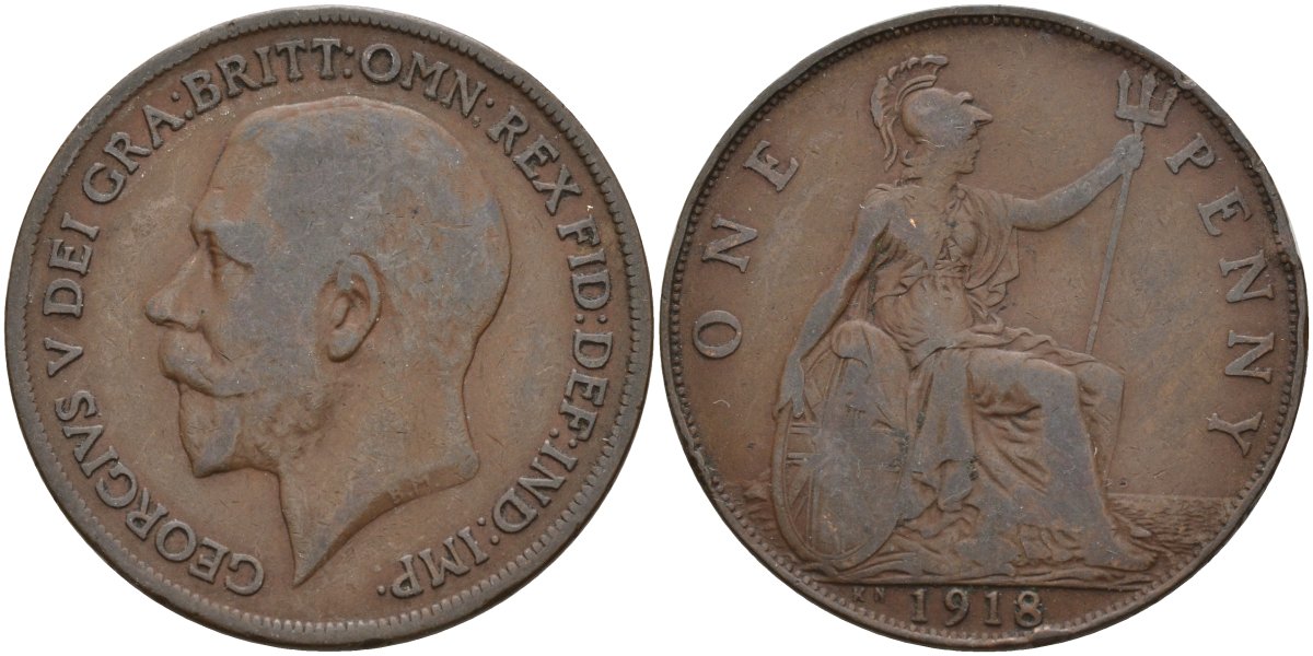 Великобритания 1 пенни 1918 Георг V (1910-1936) KM 810, Spink 4051 бронза 4144-822