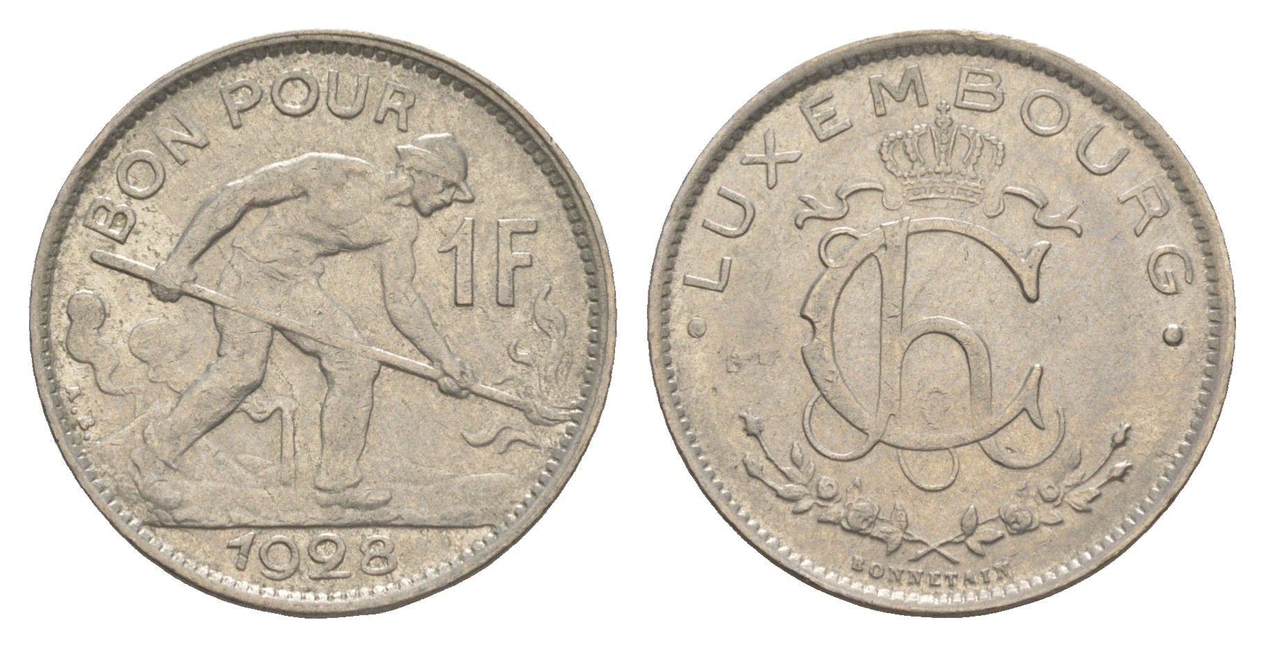 Люксембург 1 франк 1928 Шарлотта (1918-1964) KM 35 никель 4566-527