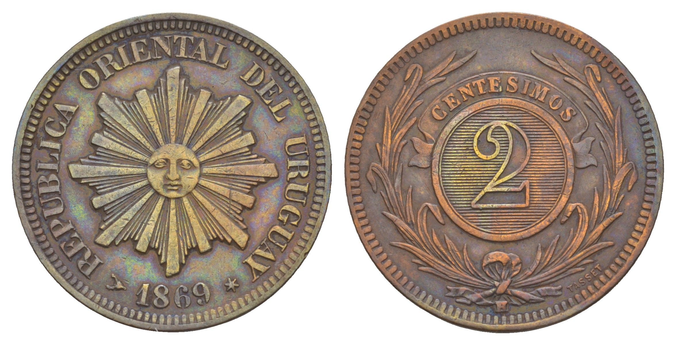 Уругвай 2 сентесимо 1869 год-тип KM 12 бронза 1519-1233