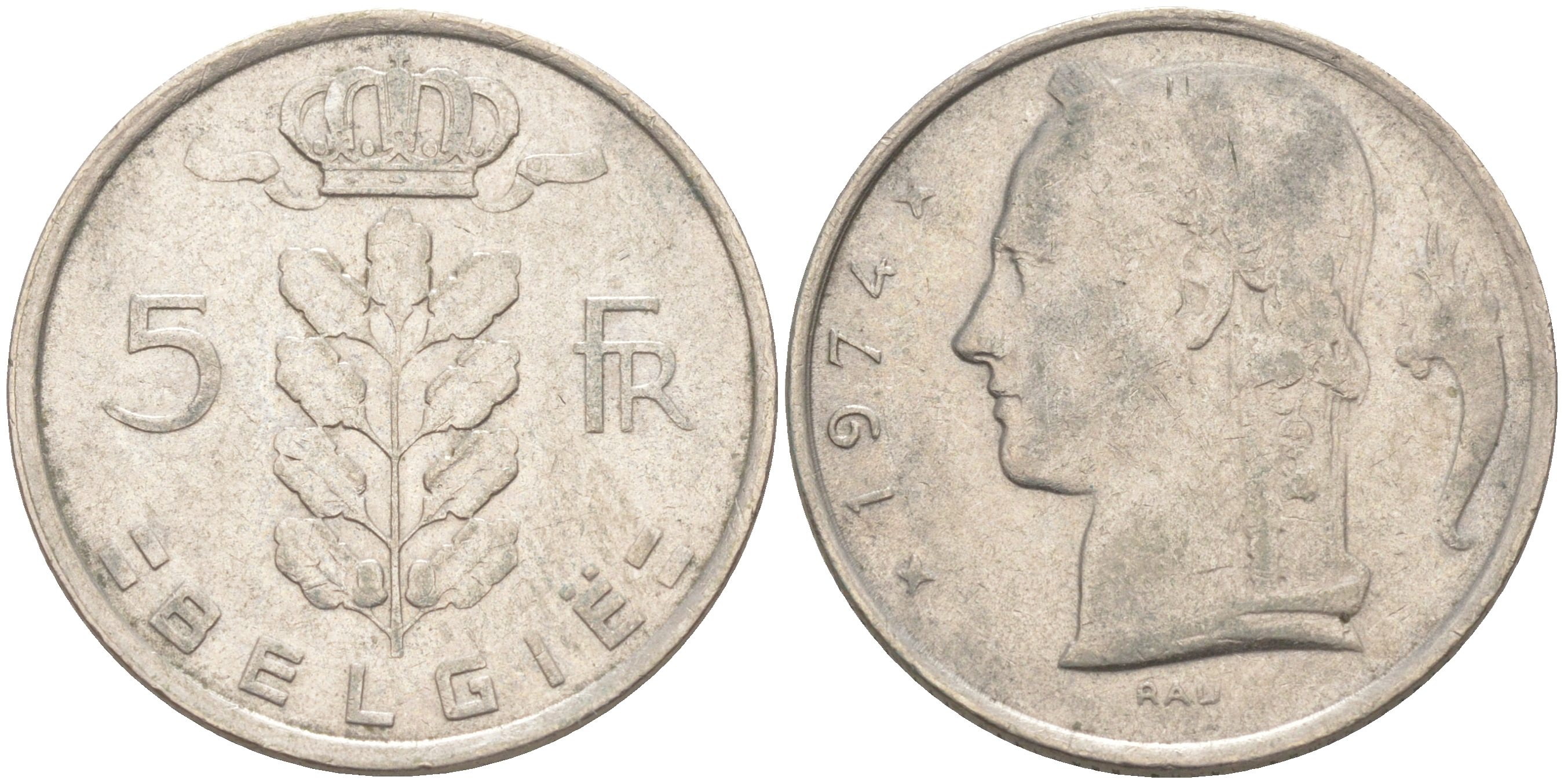 БЕЛЬГИЯ 5 ФРАНКОВ 1974 BELGIE KM 135.1 медно-никель 106-555