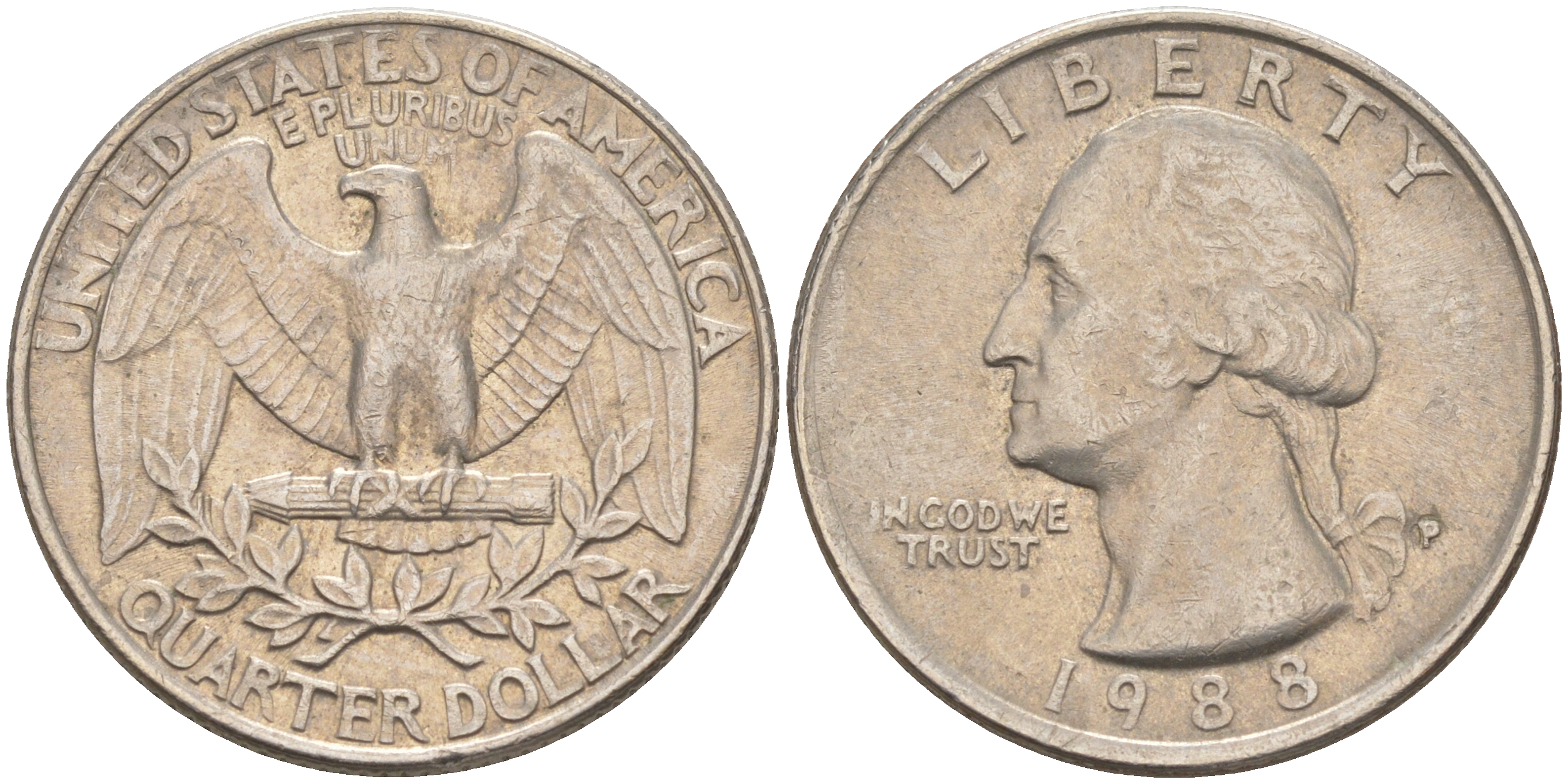 США 25 ЦЕНТОВ = КВОТЕР 1988 P, ВАШИНГТОН KM A164a медь плакированная медно-никелем 4114-924