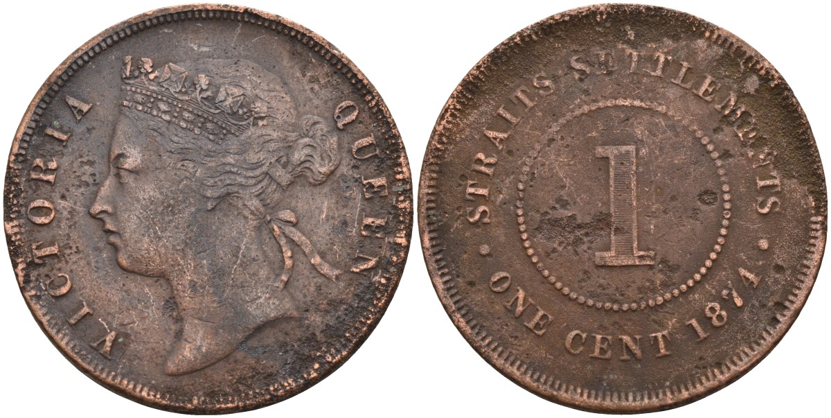 Стрейтс-Сетлментс 1 цент 1874 Виктория (1837-1901), Ост-Индская компания KM 9 медь 4590-331