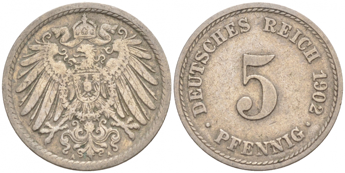 ГЕРМАНИЯ 5 ПФЕННИГОВ 1902 A, KM 11, J. 12 медно-никель 73-1535