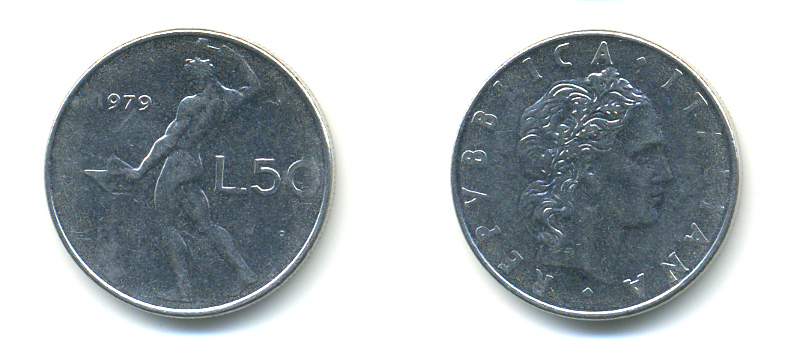 ИТАЛИЯ 50 ЛИР 1979 R, КУЗНЕЦ KM 95.1 нержавеющая сталь 3999-1254