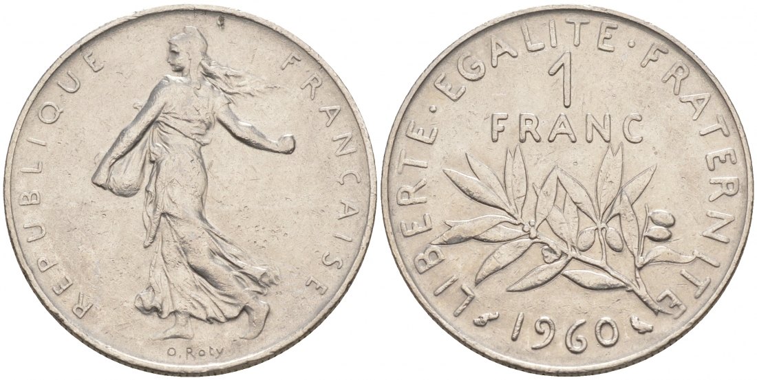 ФРАНЦИЯ 1 ФРАНК 1960 СЕЯТЕЛЬ KM 925.1, LE FRANC 226.4 никель 186-326