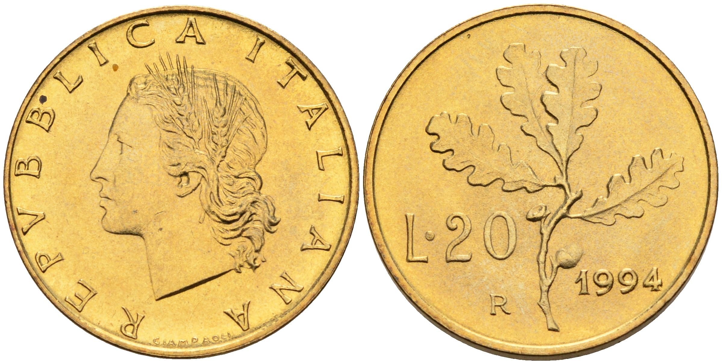 Италия 20 лир 1994 R, дубовый лист KM 97.2 алюминиевая бронза  UNC  4594-861