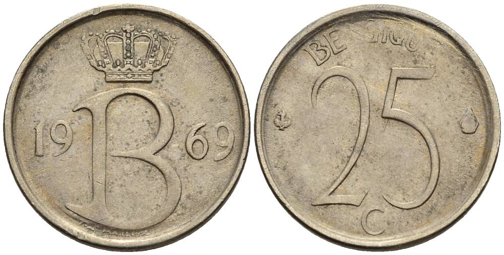 БЕЛЬГИЯ 25 САНТИМОВ 1969 BELGIQUE KM 153.1 медно-никель 4528-1023
