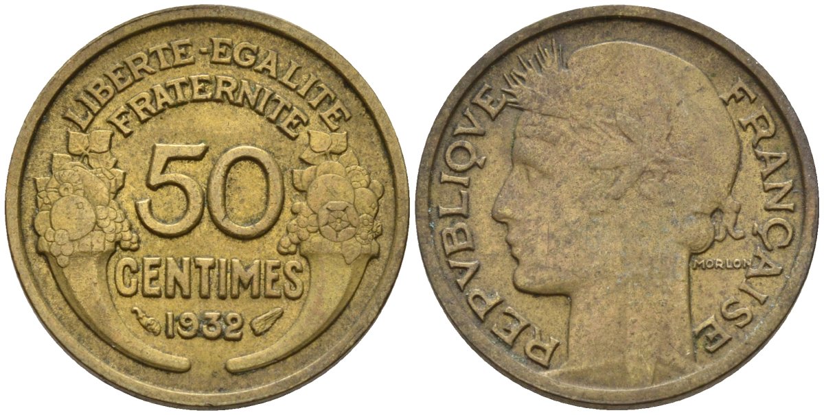 Франция 50 сантимов 1932 KM 894.1, Le Franc 192.15 алюминиевая бронза 4596-746