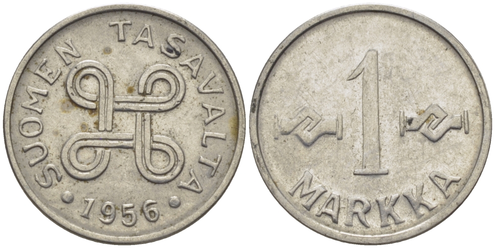 ФИНЛЯНДИЯ 1 МАРКА 1956 KM 36а железо плакированное никелем 100-219