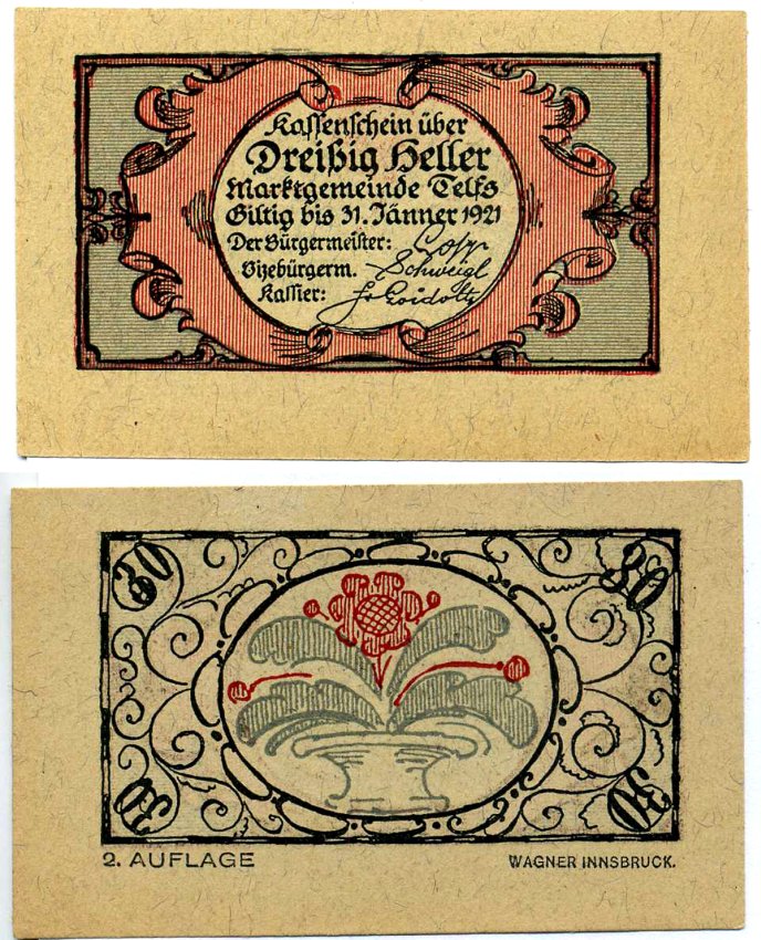 ТЕЛЬФС, Австрия 30 геллеров 1921 31 января 1921, нотгельд, второй выпуск, ЗЕМЛЯ ТИРОЛЬ бумага 7523-11-4-2