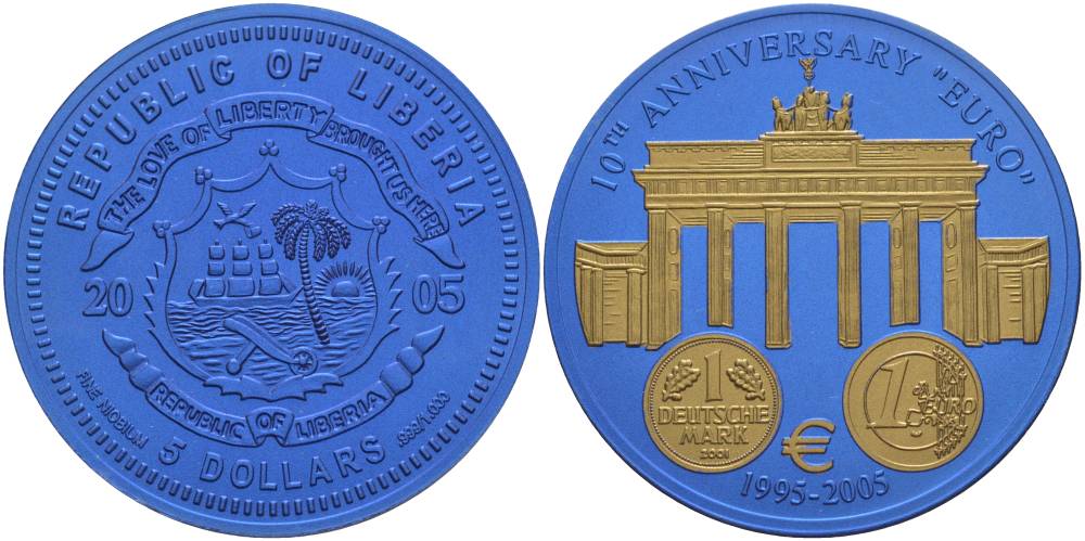 Либерия 5 долларов 2005 10 лет евро, страны еврозоны, Германия, с сертификатом, би-колор (два цвета), вес 7,78 гр., диаметр 35 мм.  ниобий  UNC  00-00