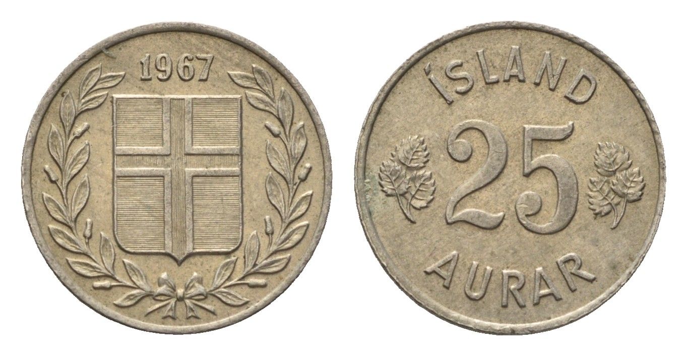 Исландия 25 эйре 1967 KM 11 медно-никель UNC 4696-347