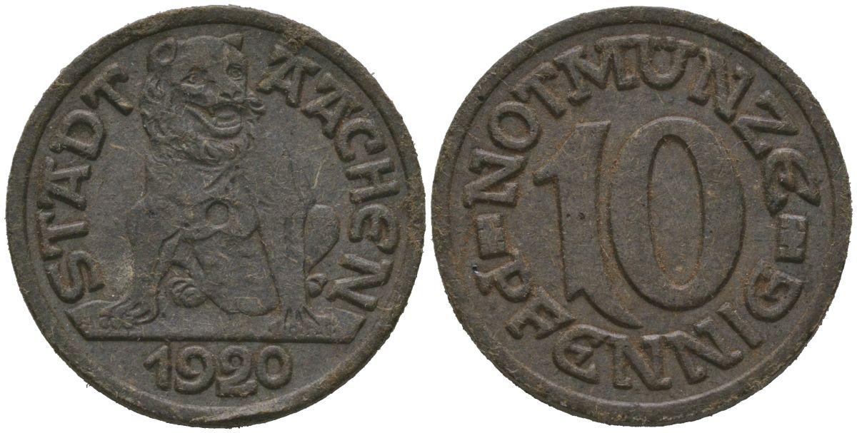 Ахен (Пруссия, Рейн) 10 пфеннингов 1920 Funck 1.1 (v), Men05 70.1, Men18 99.1 картон 4525-513