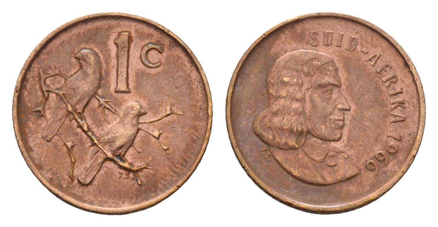 ЮАР 1 цент 1966 Ян ван Рибек (1619-1677), Suid Africa, легенда на африкаанс, капские воробьи KM 65.2 бронза 4643-113