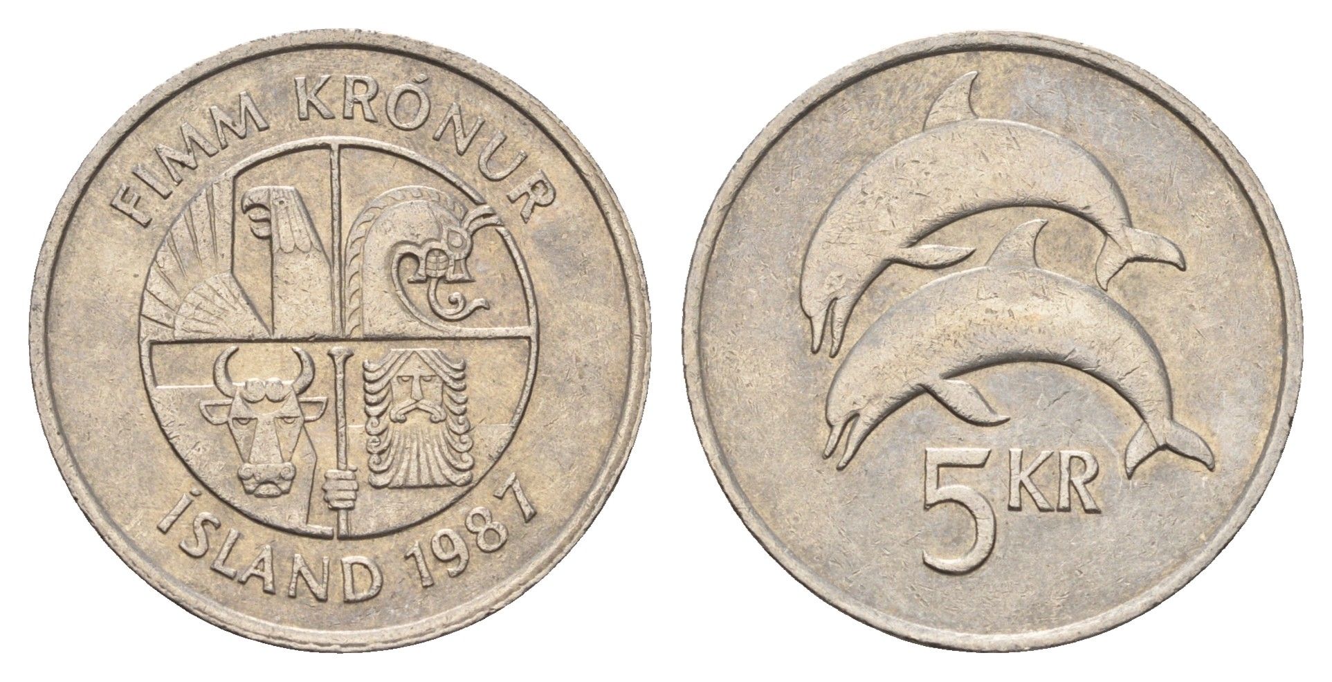 Исландия 5 крон 1987 дельфины KM 28 медно-никель 4589-422