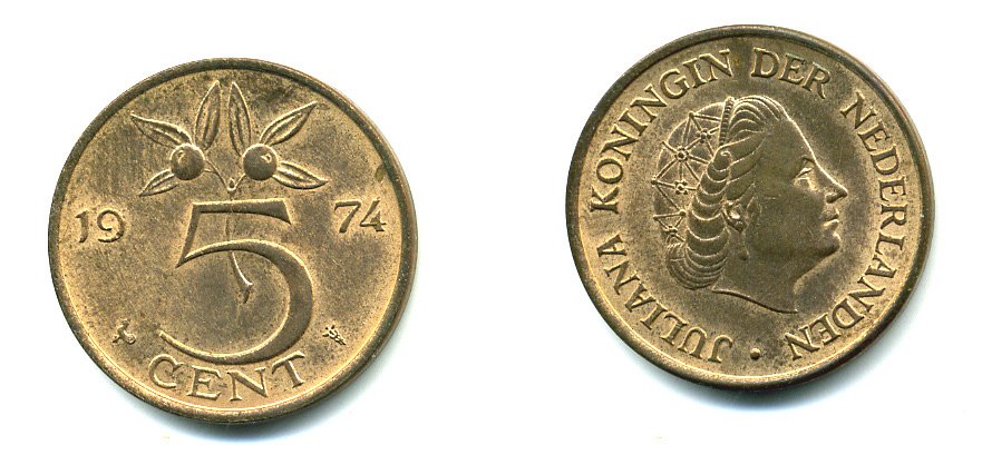 НИДЕРЛАНДЫ 5 ЦЕНТОВ 1974 ЮЛИАНА KM 181 бронза 76-445