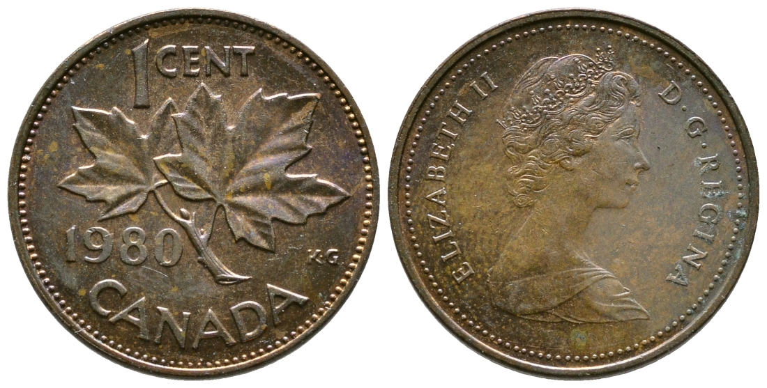 Канада 1 цент 1980 Елизавета II (1952-2022), кленовый лист KM 127 бронза 46-1936