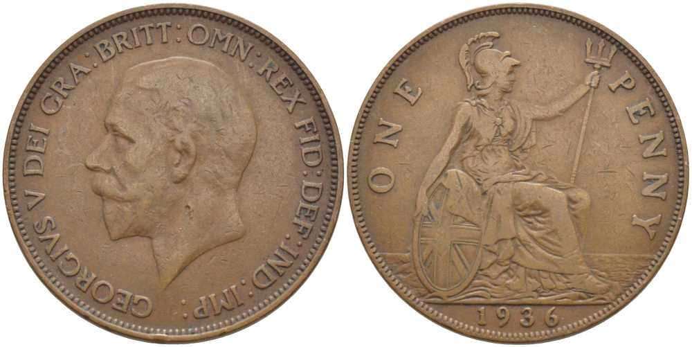 Великобритания 1 пенни 1936 Георг V (1910-1936) KM 838, Spink 4055 бронза 115-324