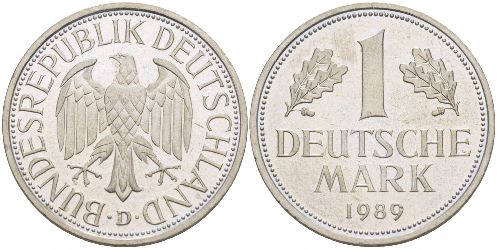 ФРГ 1 МАРКА 1989 D KM 110 J 385 медно-никель 87-1554