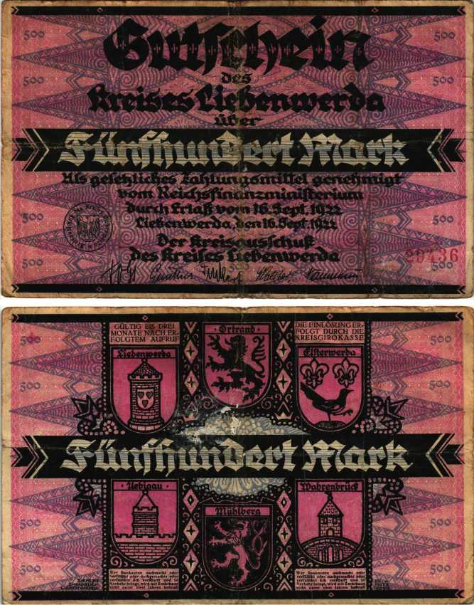 БАД-ЛИБЕНВЕРДА 500 МАРОК 1922 НОТГЕЛЬД, 16 СЕНТЯБРЯ 1922, ЗЕМЛЯ БРАНДЕНБУРГ, НОМЕР 4,5 ММ. Muller 2720.2a бумага 6318-37-2-1