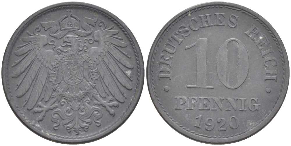 Германия 10 пфеннигов 1920 KM 26, J. 299, Weege 8 цинк 210-231