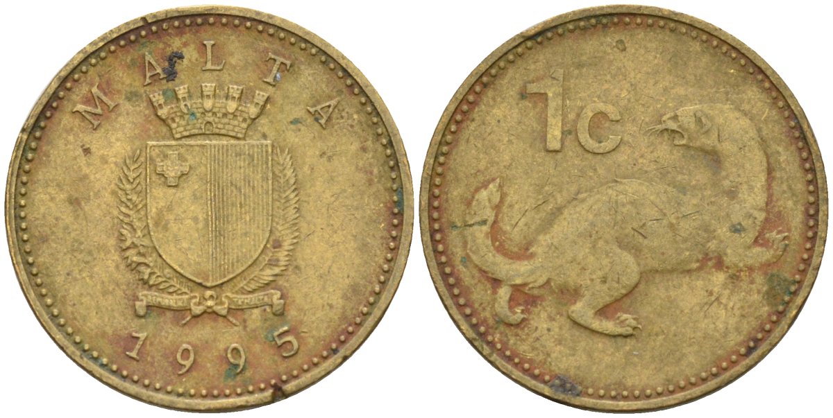 Мальта 1 цент 1995 ласка, горностай KM 93 никель латунь 4585-1221