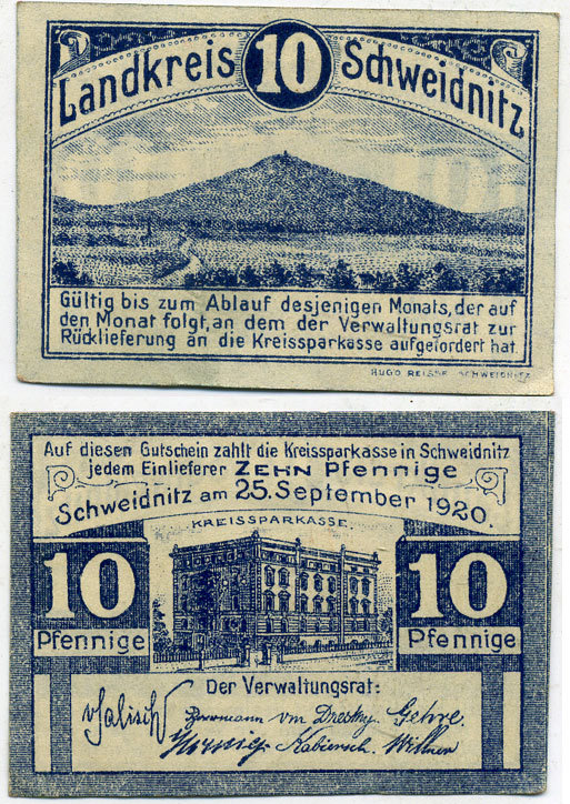 ШВЕЙДНИЦ (СВИДНИЦА ПОЛЬША)10 ПФЕННИГОВ 1920 НОТГЕЛЬД, 25 СНТЯБРЯ 1920 Grabowski S61.1 бумага 7551-33-3-1
