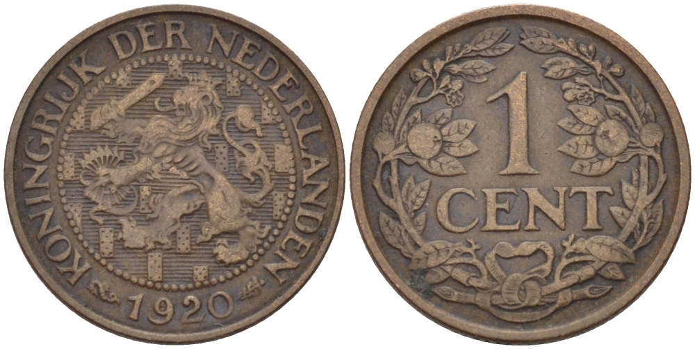 НИДЕРЛАНДЫ 1 ЦЕНТ 1920 ВИЛЬГЕЛЬМИНА (1890-1948) KM 152 бронза 100-742