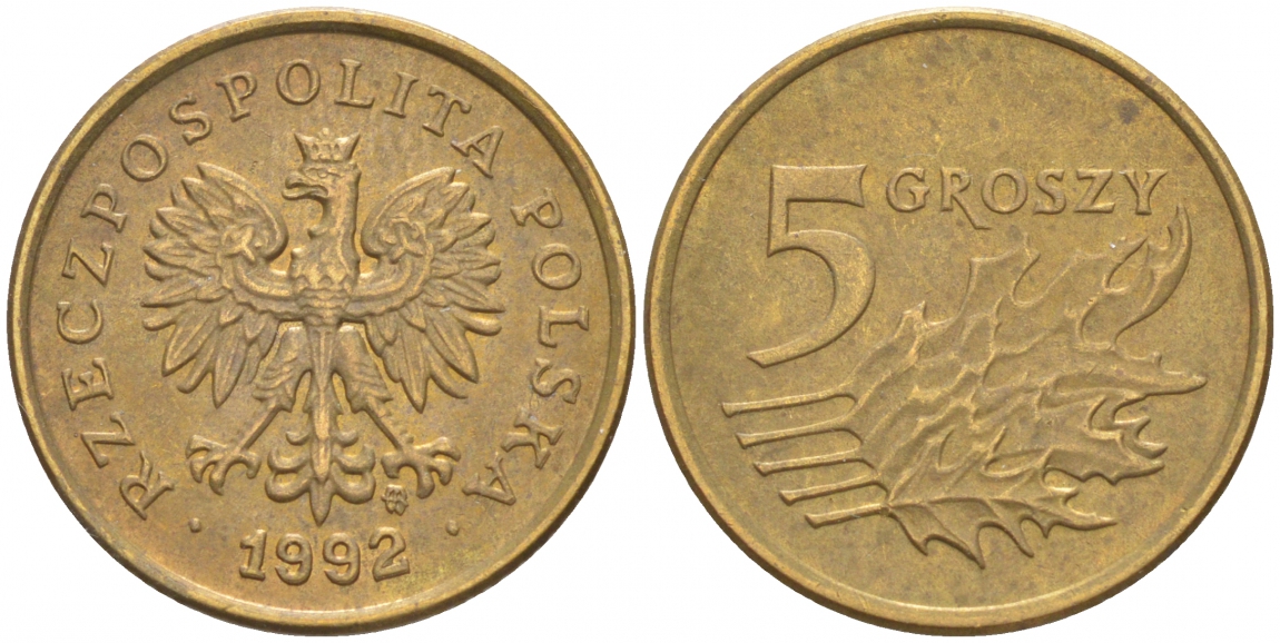 Польша 5 грошей 1992 MW KM 278 латунь 100-1235